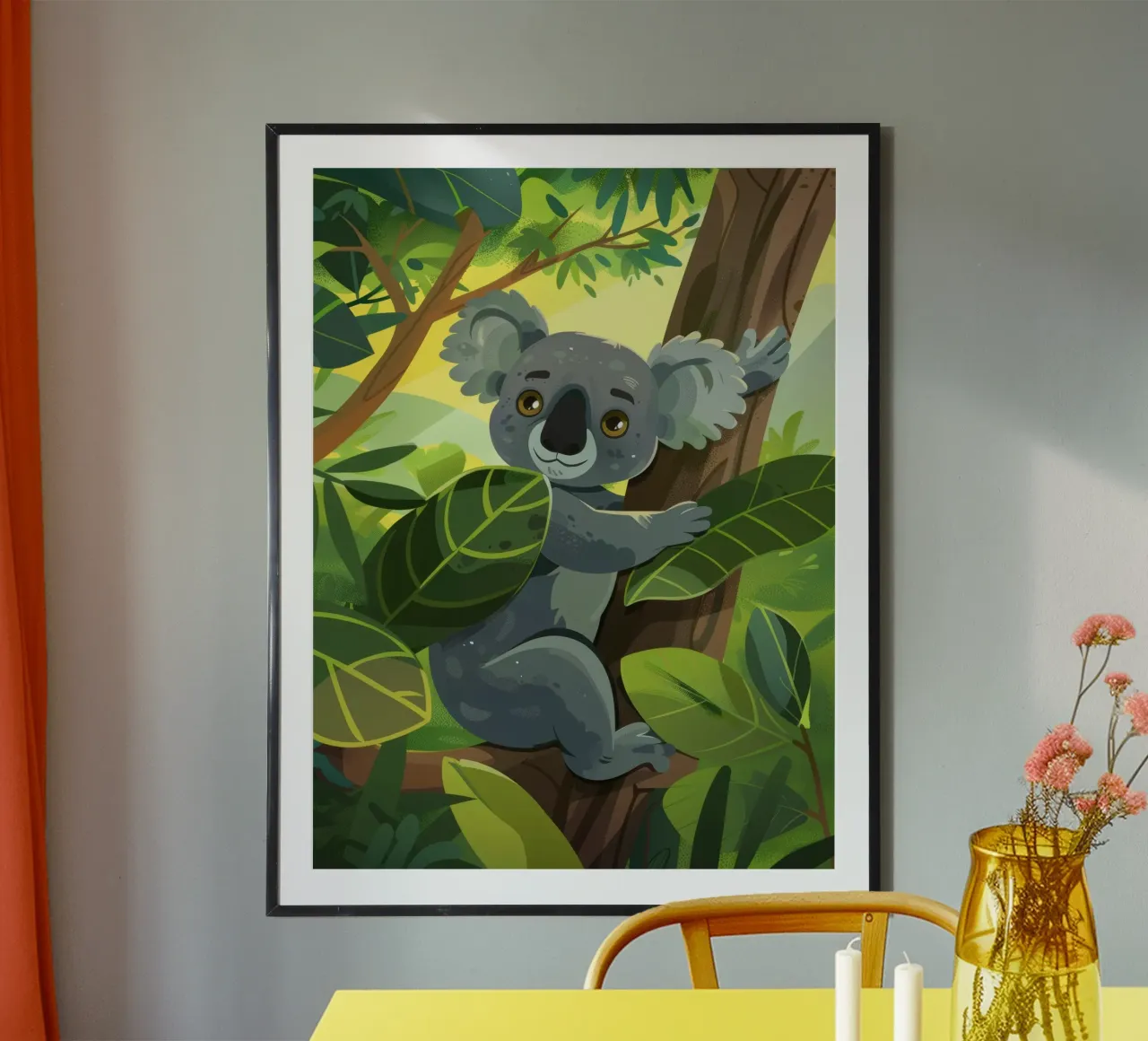 Koala climbing a tree in a lush forest landscape during the hahnemühle by DesignDoodle