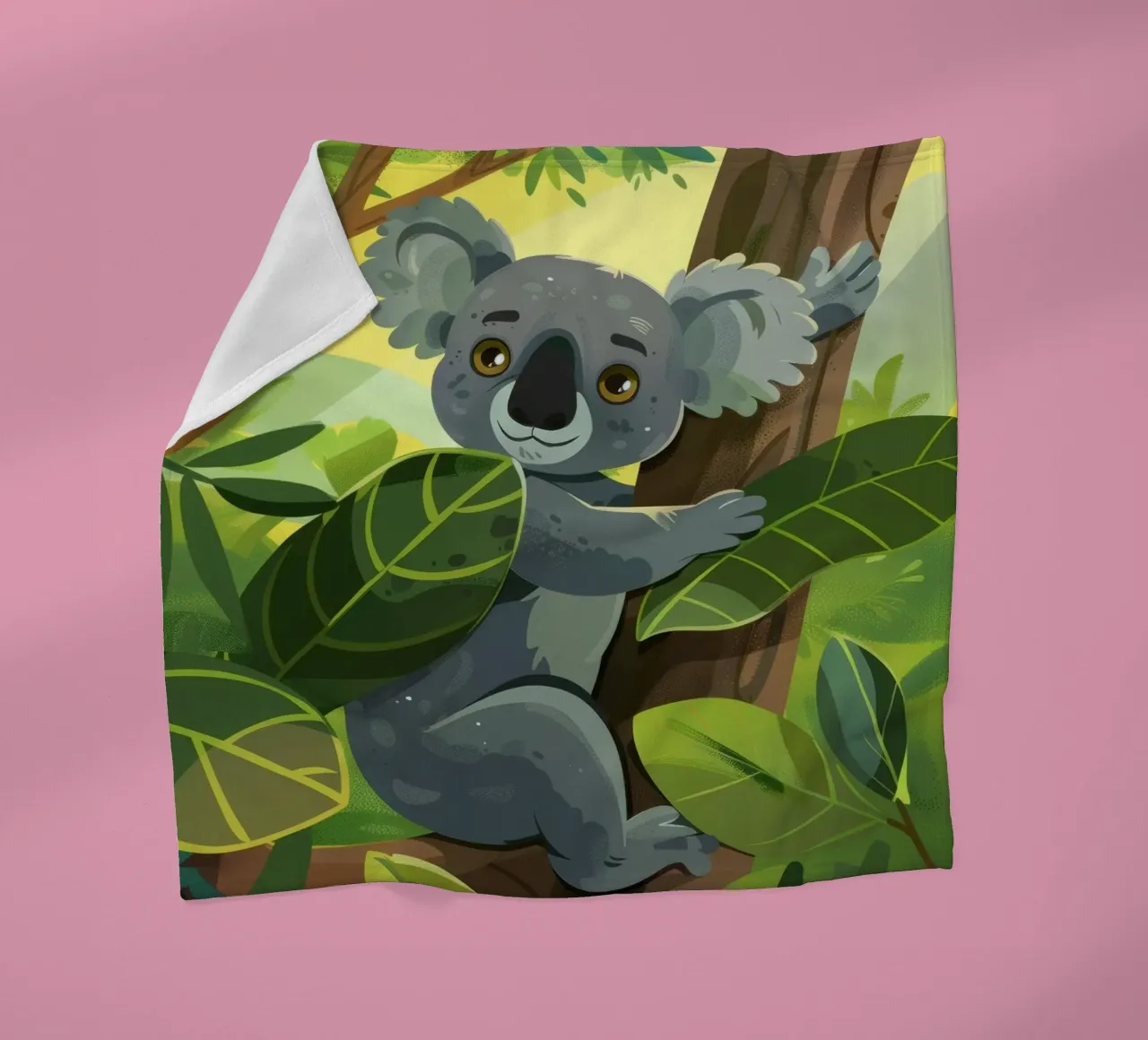 Koala klettert auf einen Baum in einer üppigen Waldlandschaft während der Fleecedecke von DesignDoodle