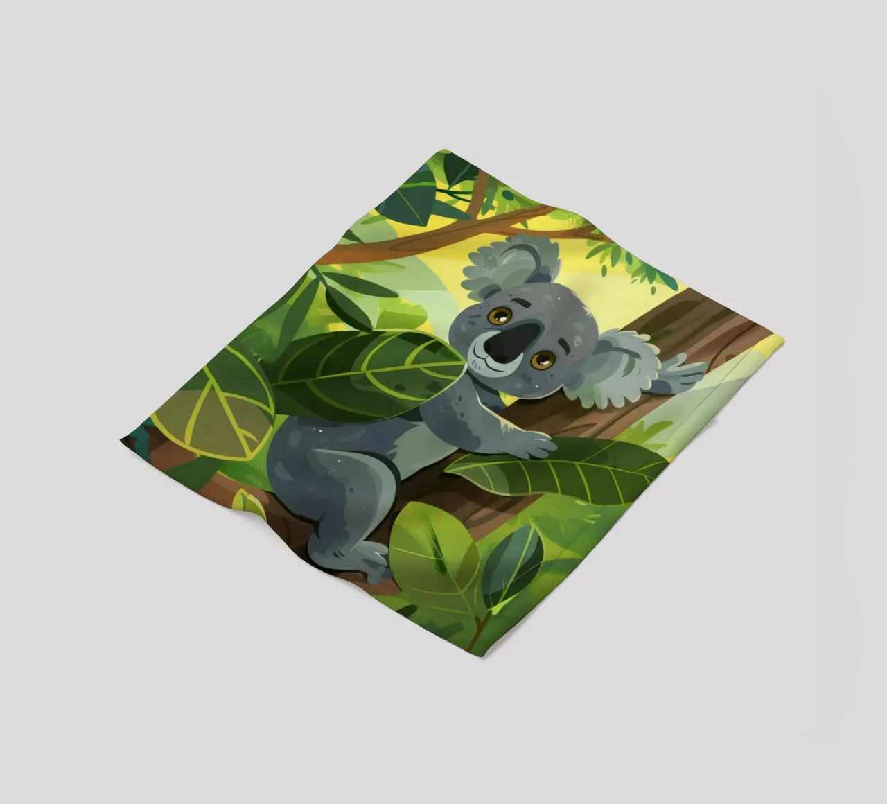 Koala klettert auf einen Baum in einer üppigen Waldlandschaft während der Fleecedecke von DesignDoodle