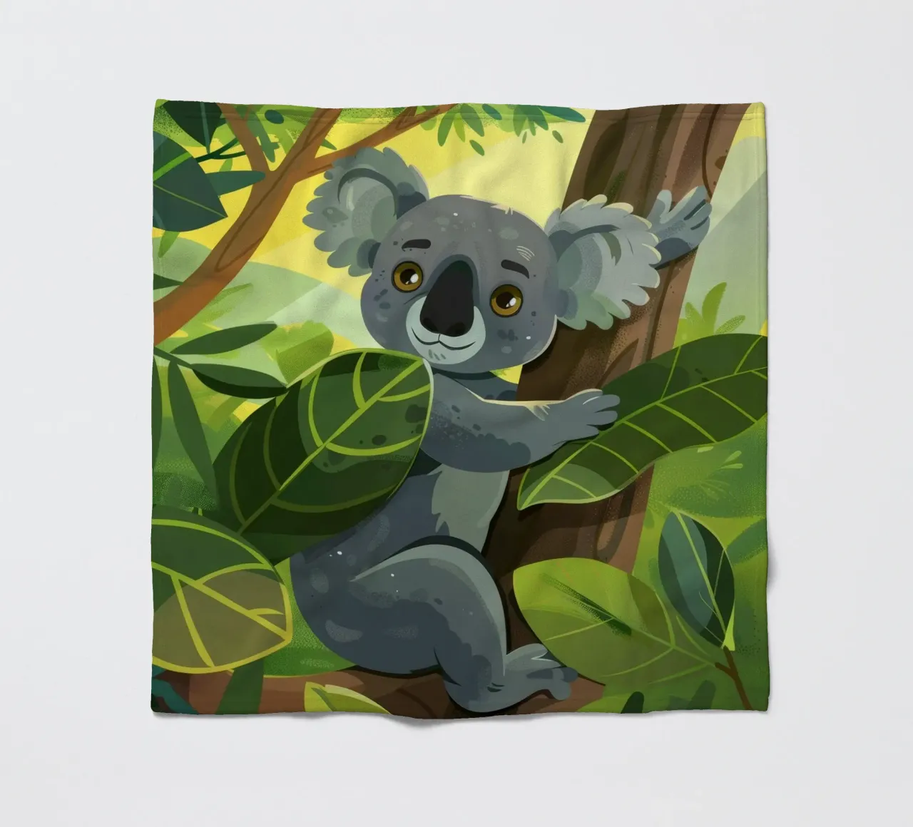 Koala klettert auf einen Baum in einer üppigen Waldlandschaft während der Fleecedecke von DesignDoodle