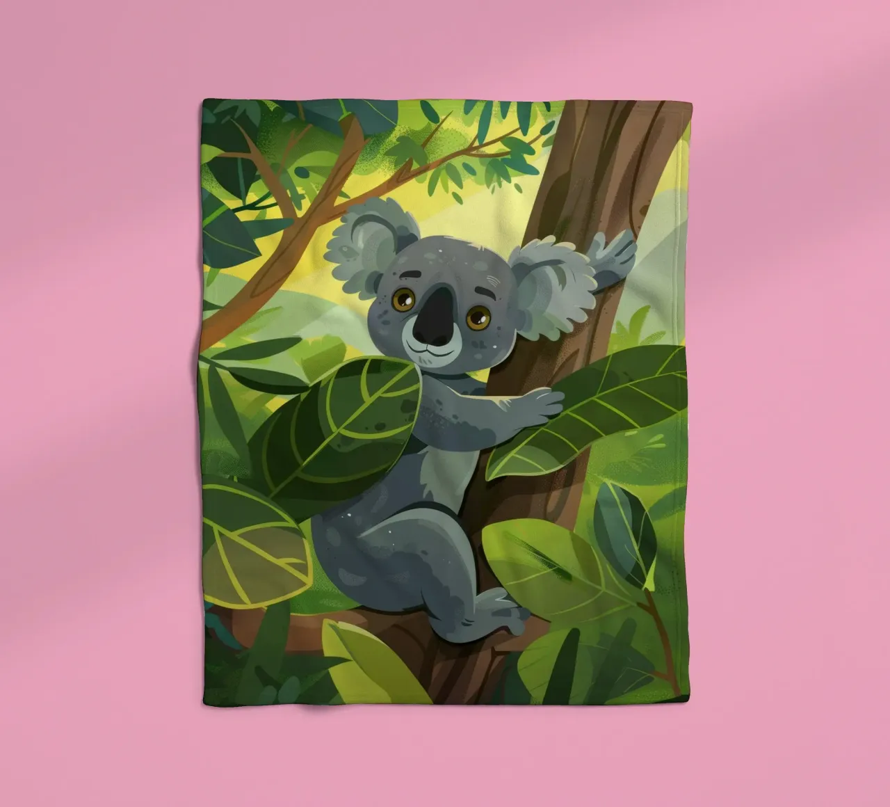 Koala klettert auf einen Baum in einer üppigen Waldlandschaft während der Fleecedecke von DesignDoodle