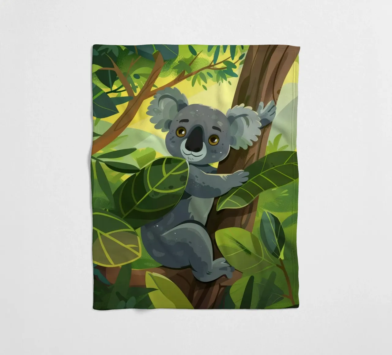 Koala klettert auf einen Baum in einer üppigen Waldlandschaft während der Fleecedecke von DesignDoodle