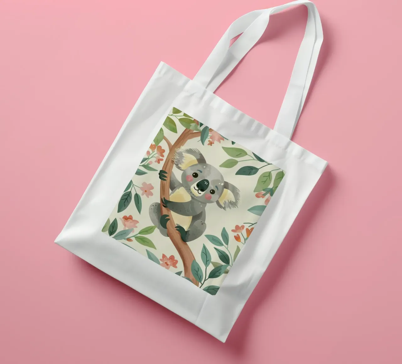 Cute koala resting on a tree branch surrounded by leaves tote bag by DesignDoodle