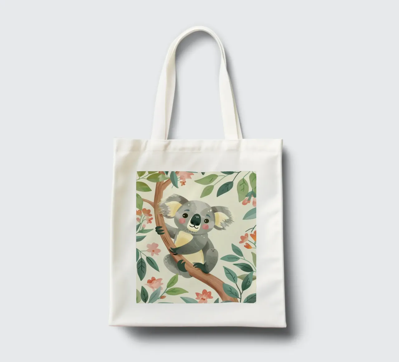 Cute koala resting on a tree branch surrounded by leaves tote bag by DesignDoodle