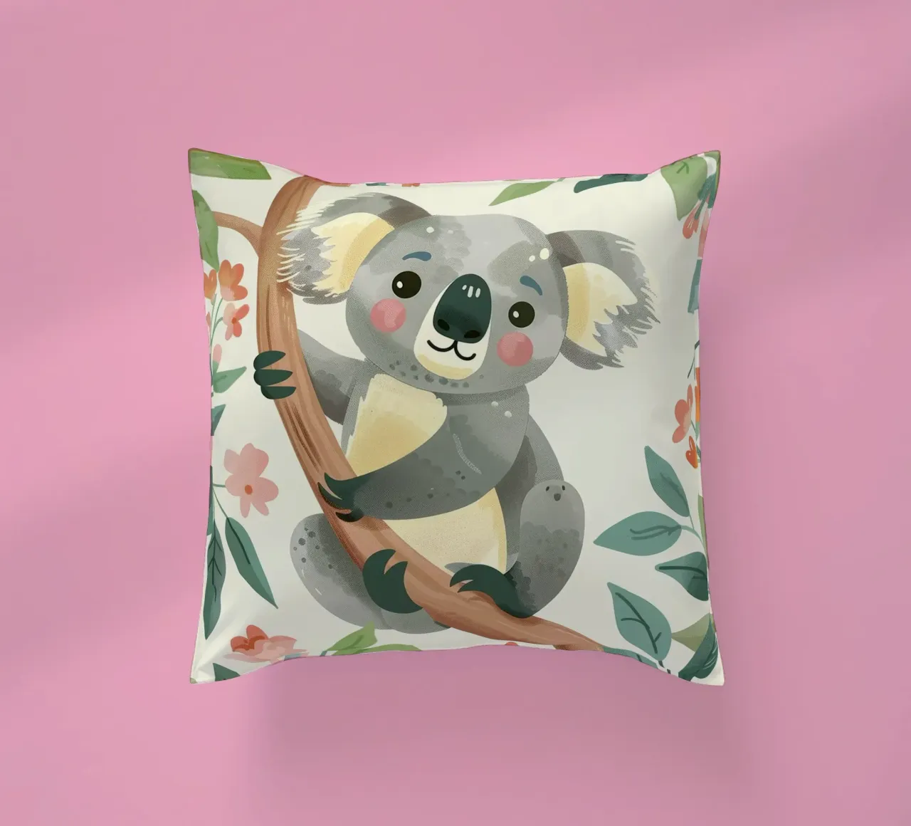 Cute koala resting on a tree branch surrounded by leaves decorative cushion by DesignDoodle