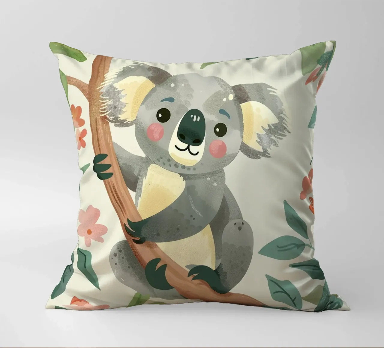 Cute koala resting on a tree branch surrounded by leaves decorative cushion by DesignDoodle
