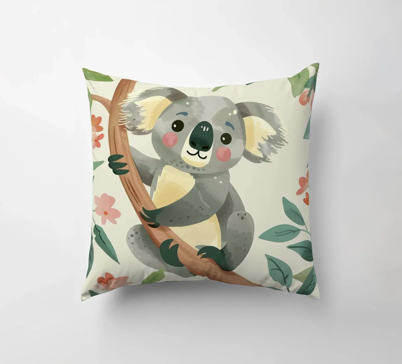 Cute koala resting on a tree branch surrounded by leaves decorative cushion by DesignDoodle