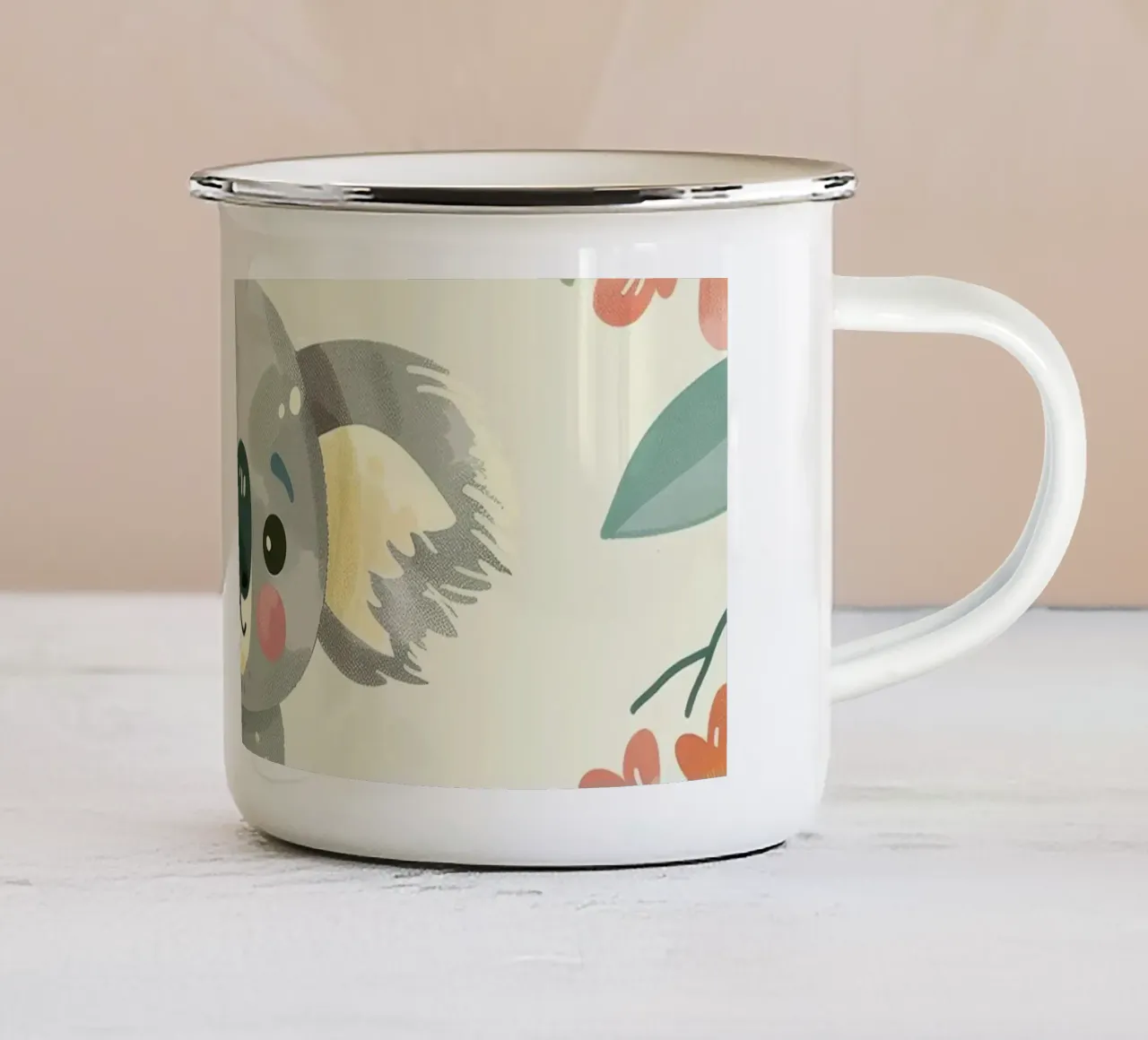 Cute koala resting on a tree branch surrounded by leaves enamel mug by DesignDoodle