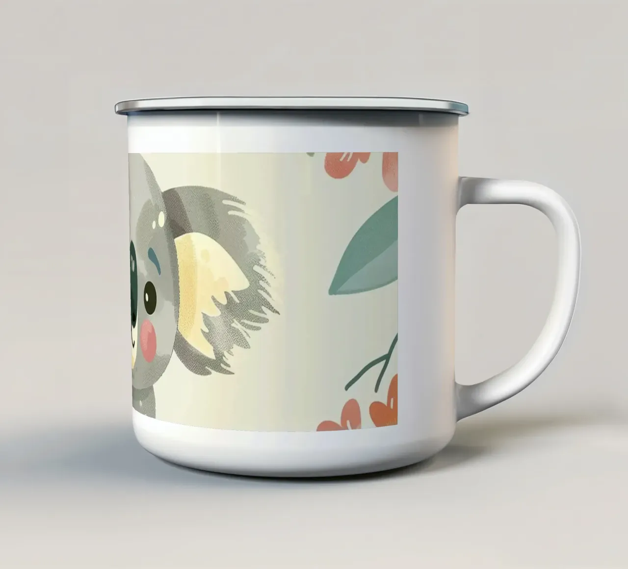 Cute koala resting on a tree branch surrounded by leaves enamel mug by DesignDoodle