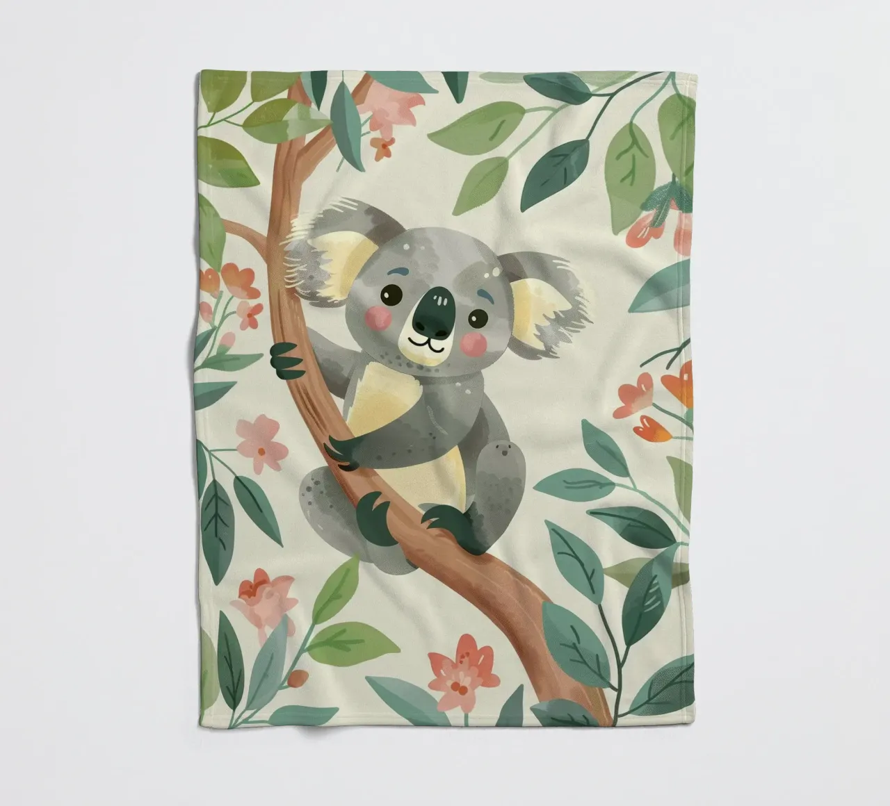Cute koala resting on a tree branch surrounded by leaves fleece blanket by DesignDoodle