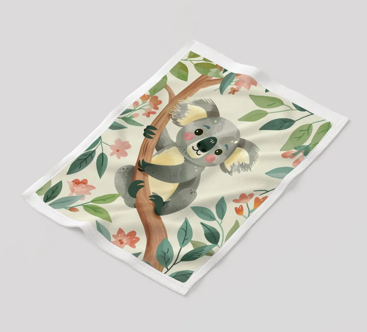 Cute koala resting on a tree branch surrounded by leaves fleece blanket by DesignDoodle