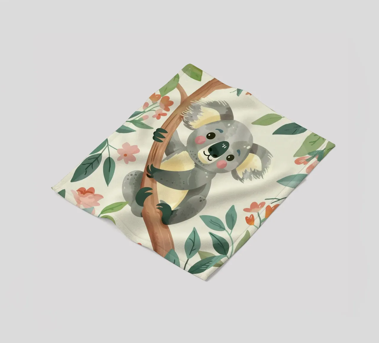 Cute koala resting on a tree branch surrounded by leaves fleece blanket by DesignDoodle