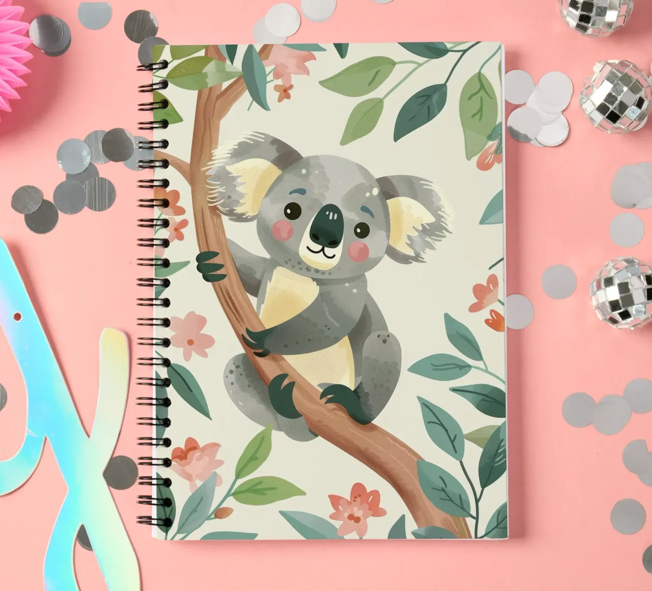 Cute koala resting on a tree branch surrounded by leaves spiral notebook by DesignDoodle