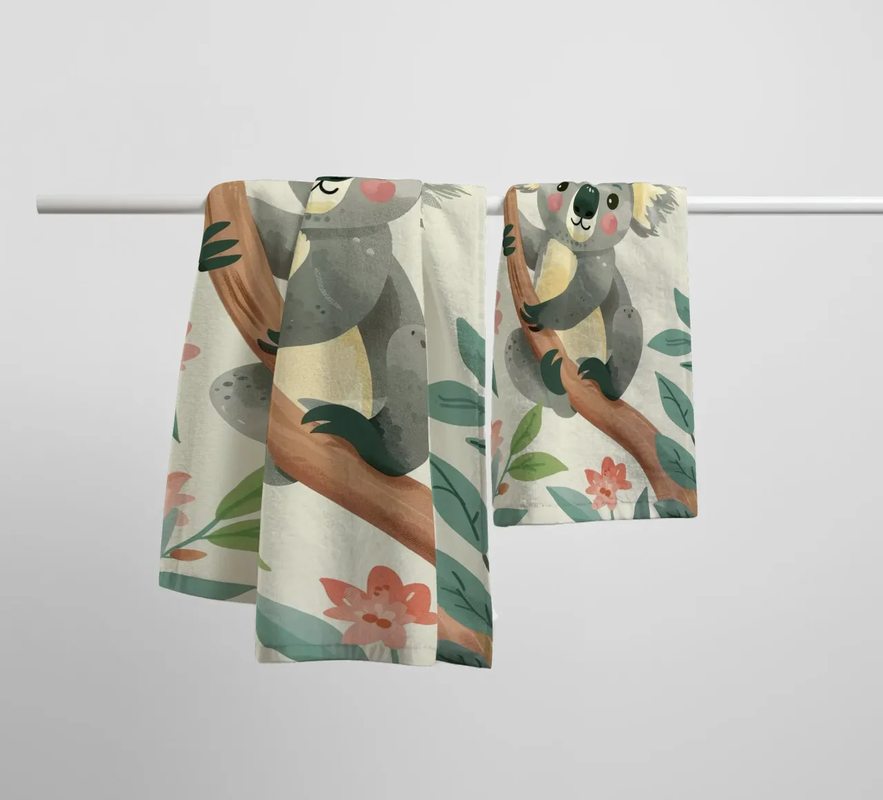 Cute koala resting on a tree branch surrounded by leaves towel by DesignDoodle