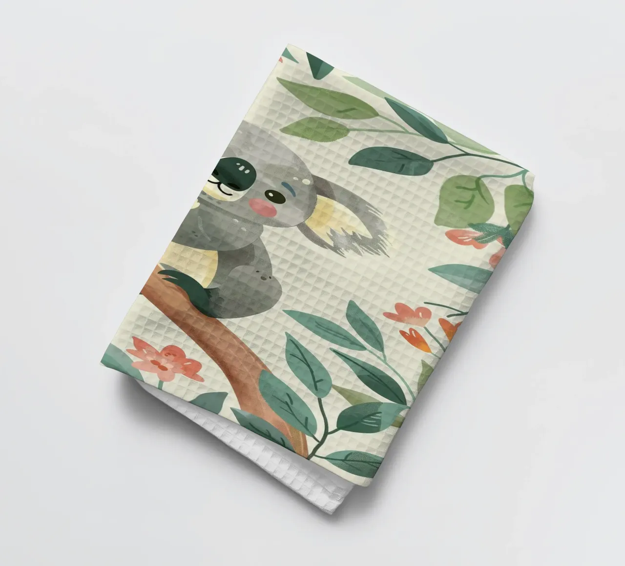 Cute koala resting on a tree branch surrounded by leaves tea towel by DesignDoodle