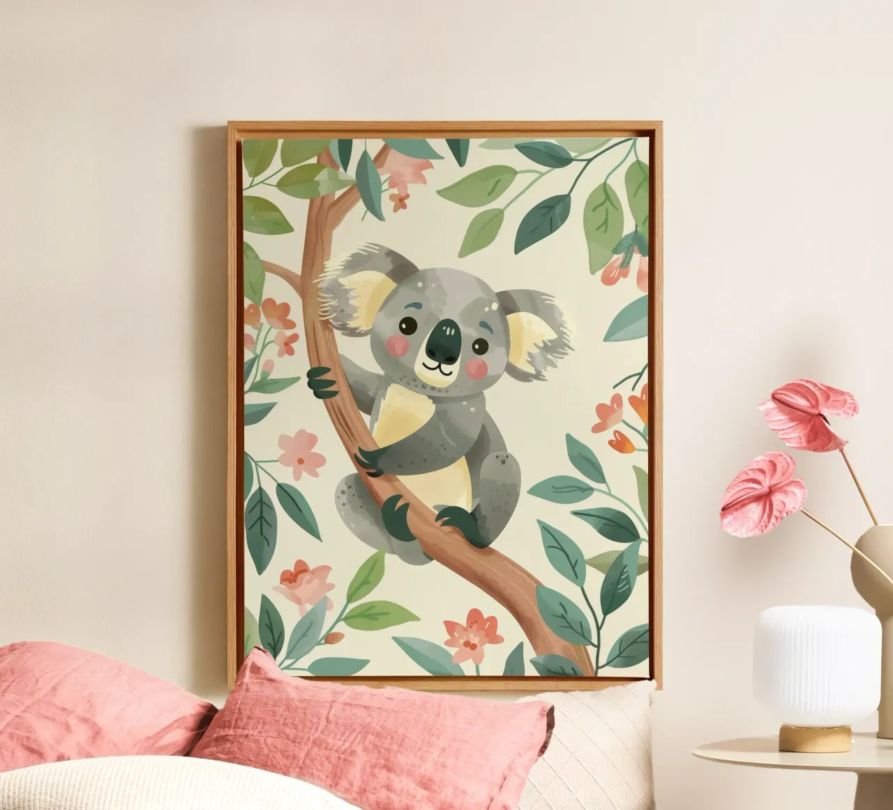 Cute koala resting on a tree branch surrounded by leaves canvas by DesignDoodle