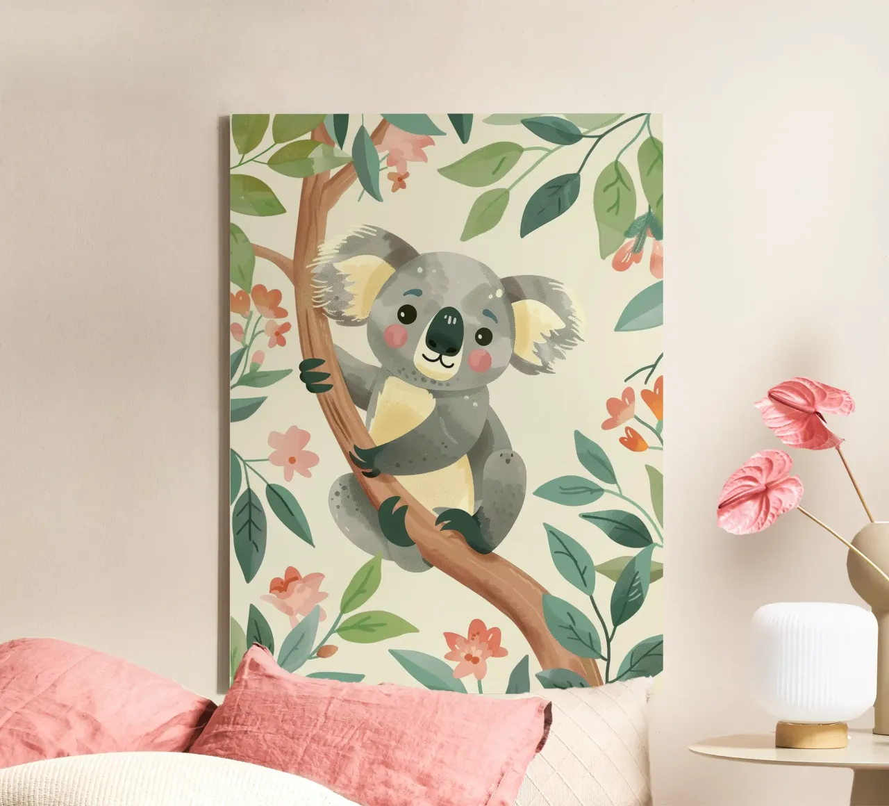 Cute koala resting on a tree branch surrounded by leaves canvas by DesignDoodle