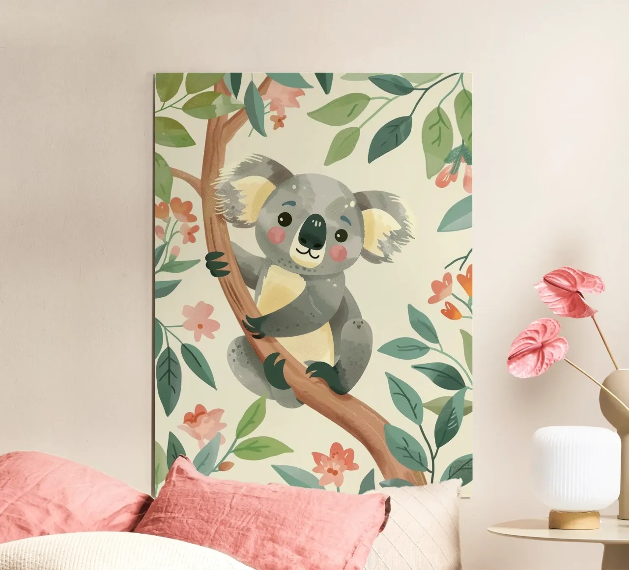 Cute koala resting on a tree branch surrounded by leaves hahnemühle by DesignDoodle