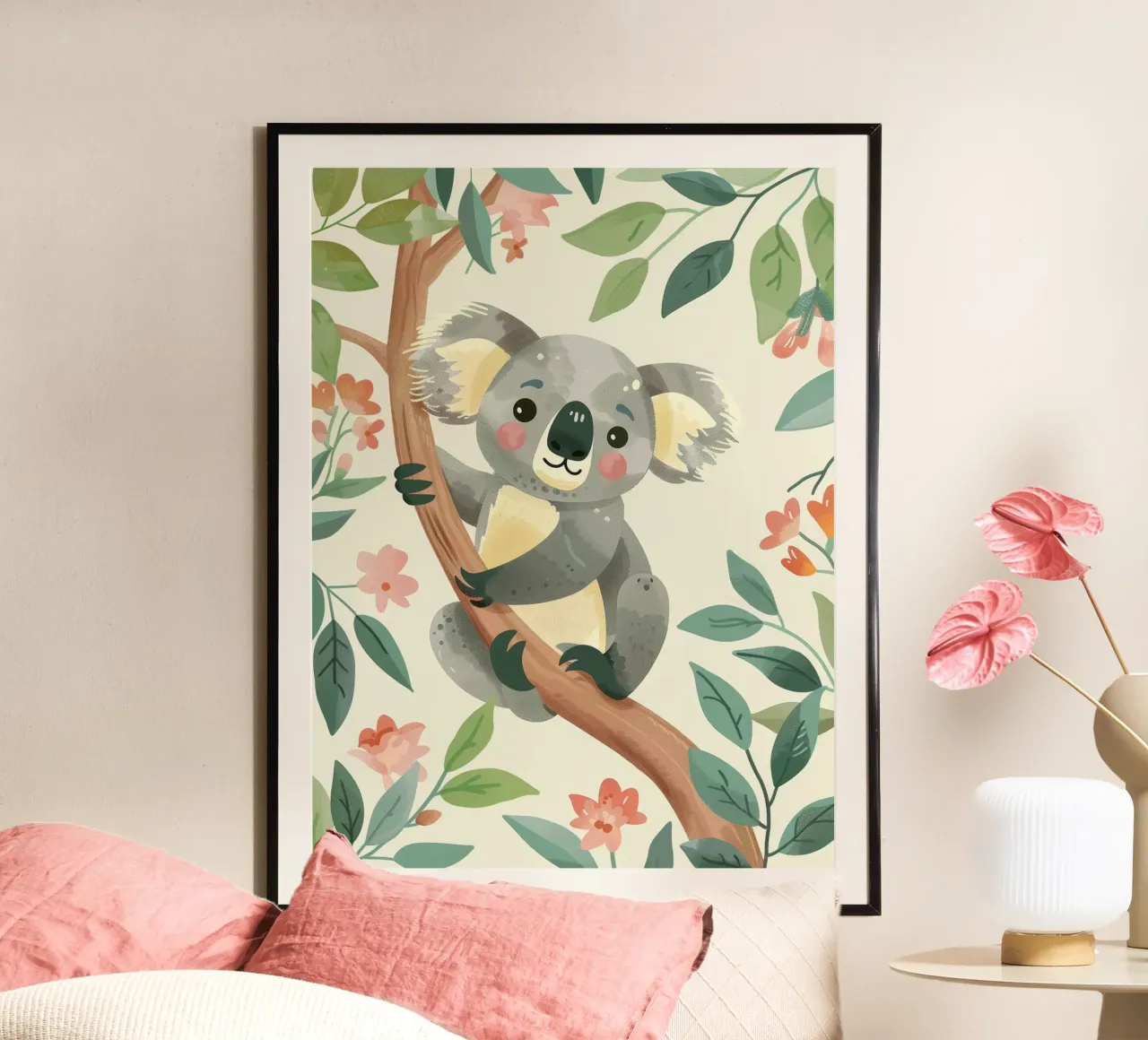 Cute koala resting on a tree branch surrounded by leaves hahnemühle by DesignDoodle