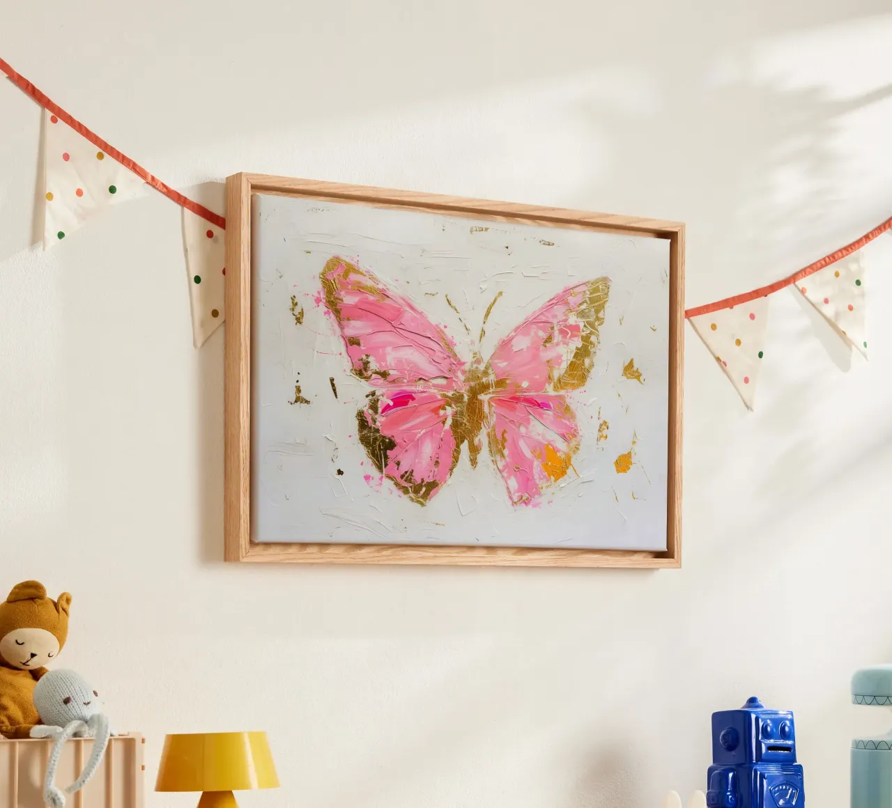 Abstracte vlinder kunstdruk - Roze & gouden textuur canvas met Baklijst van homdeco