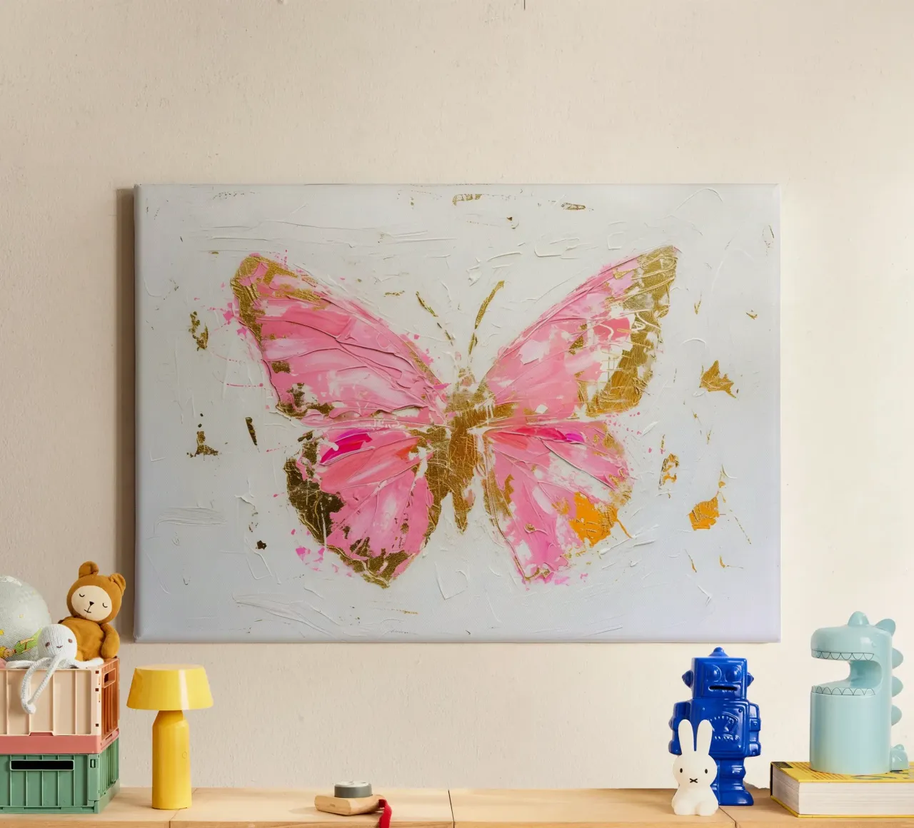 Abstracte vlinder kunstdruk - Roze & gouden textuur canvas met Baklijst van homdeco