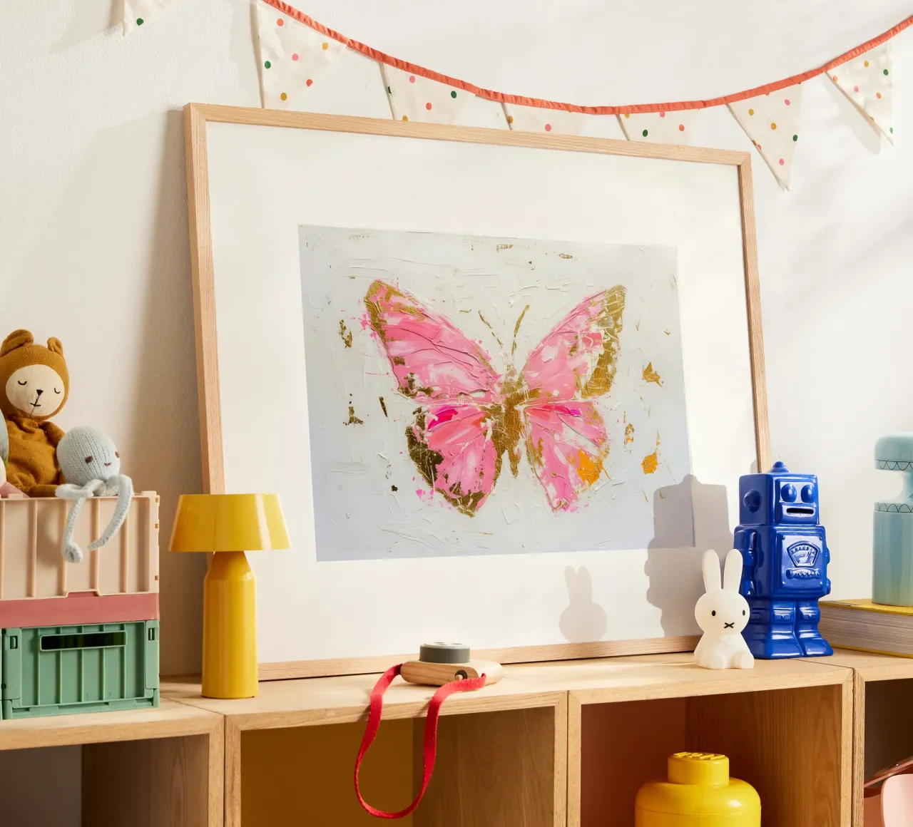 Abstracte vlinder kunstdruk - Roze & gouden textuur poster met houten frame van homdeco
