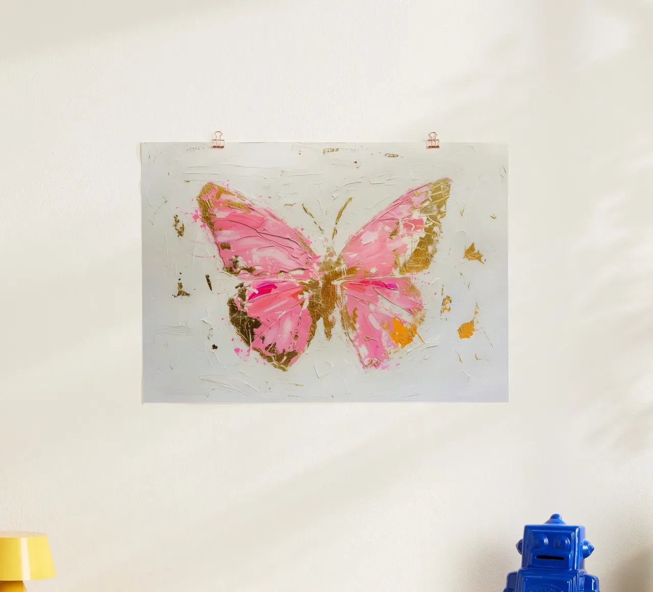 Abstracte vlinder kunstdruk - Roze & gouden textuur poster met houten frame van homdeco