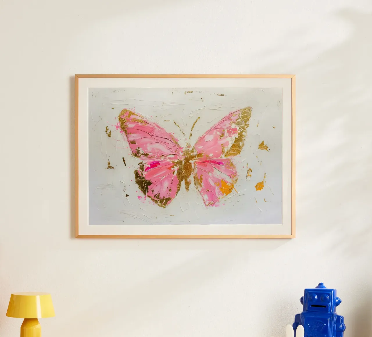 Abstracte vlinder kunstdruk - Roze & gouden textuur poster met houten frame van homdeco