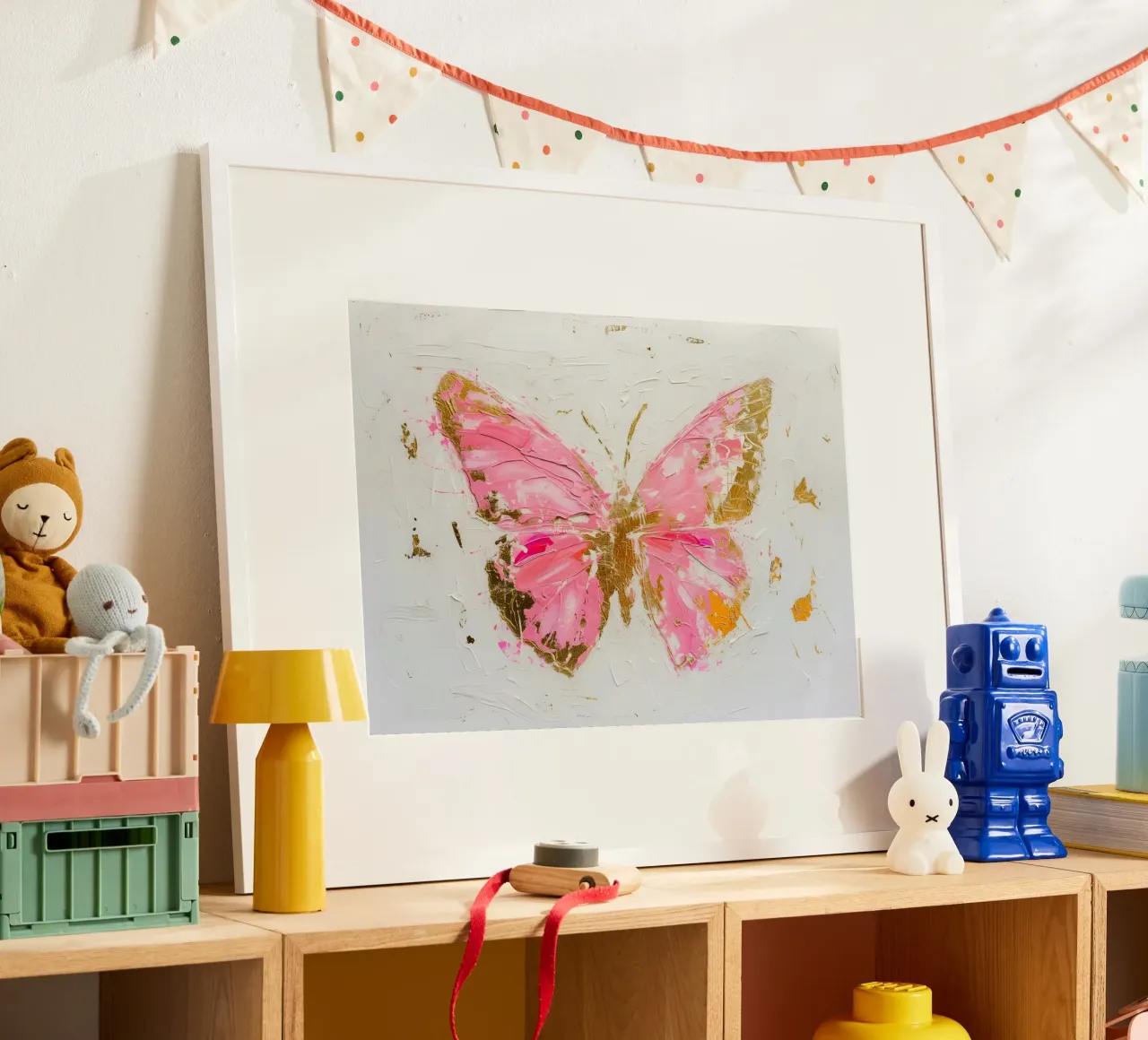 Abstracte vlinder kunstdruk - Roze & gouden textuur poster met houten frame van homdeco