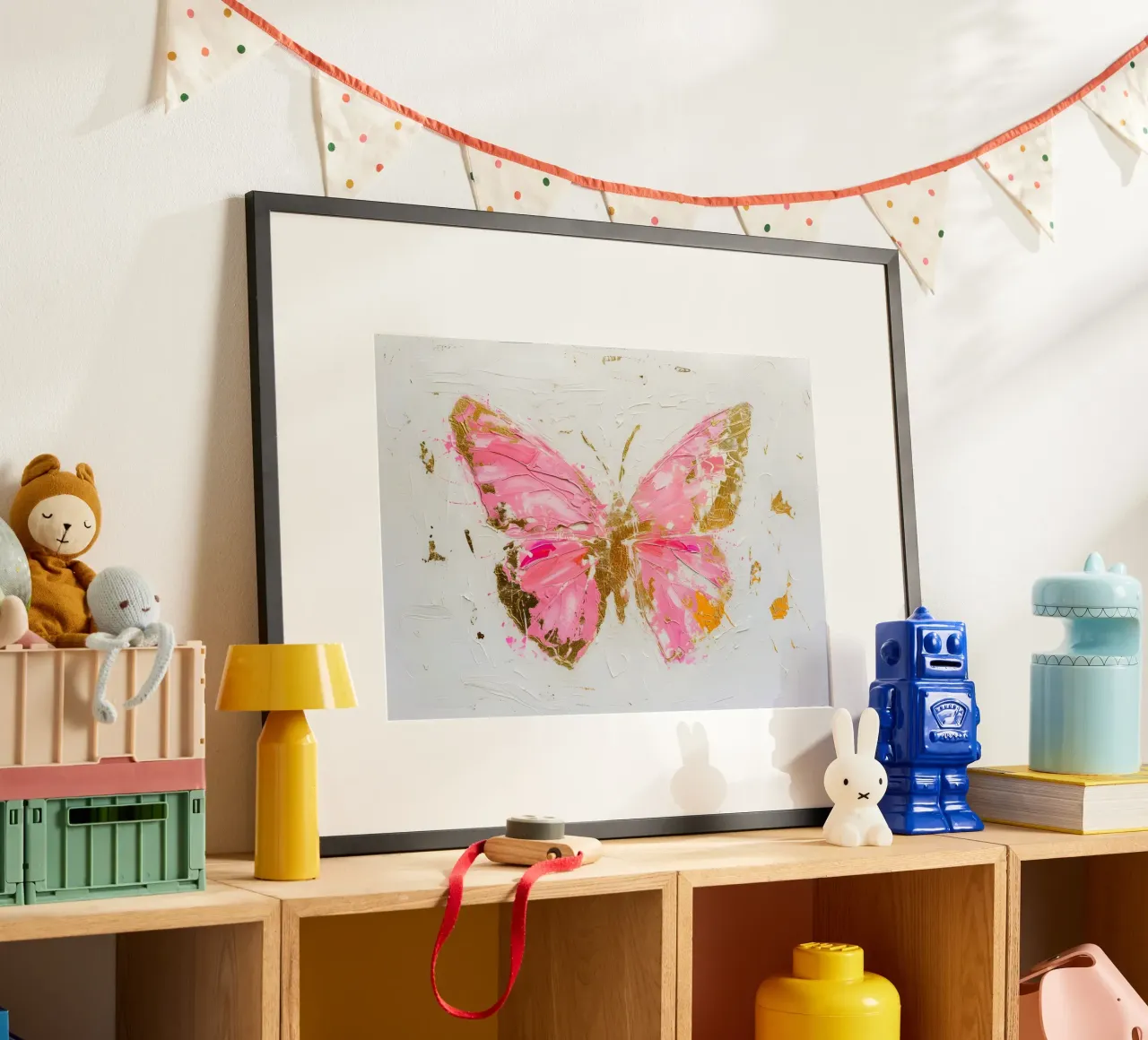 Abstracte vlinder kunstdruk - Roze & gouden textuur poster met houten frame van homdeco