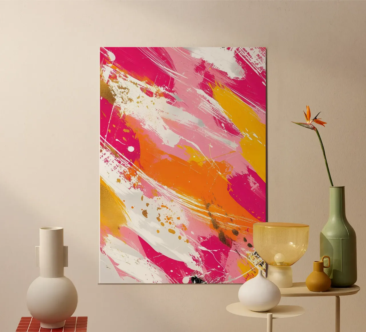 Vibrant Abstract Expressionism - Pink Gold Orange Splatter hahnemühle by homdeco