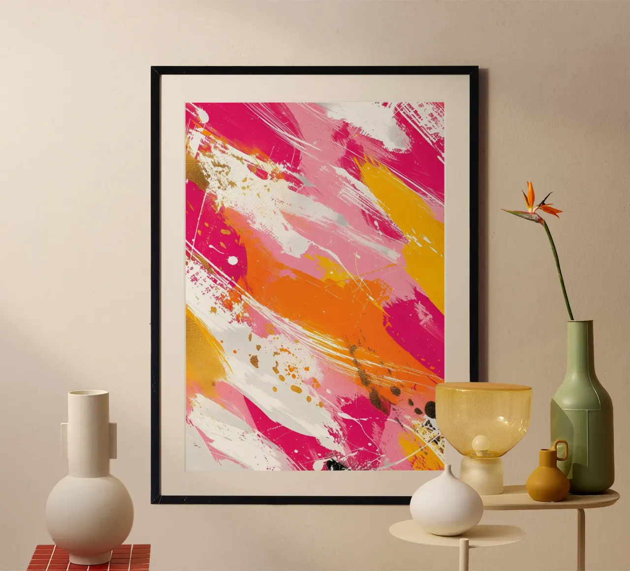 Vibrant Abstract Expressionism - Pink Gold Orange Splatter hahnemühle by homdeco