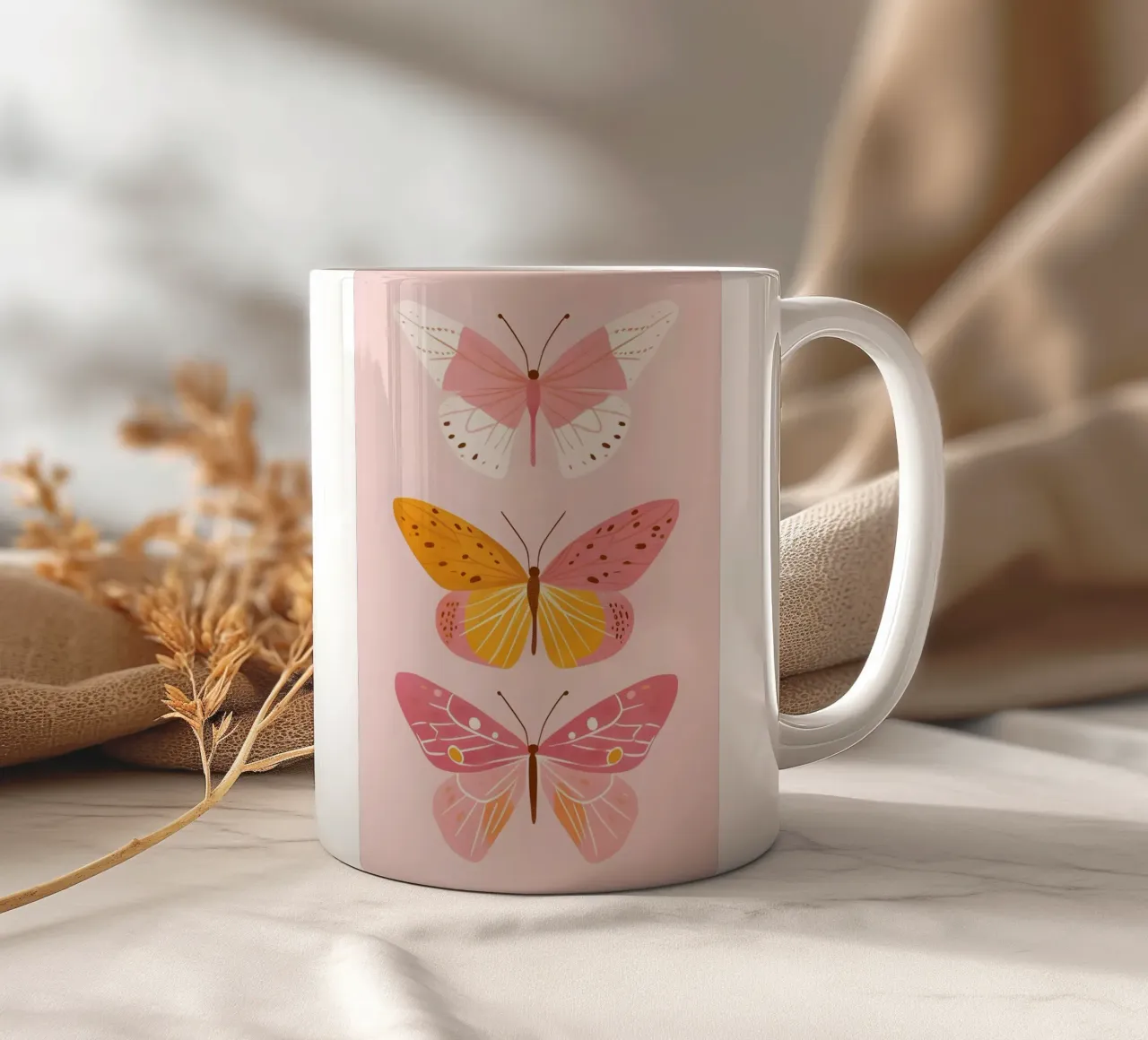 Trio di farfalle Boho - Arte minimalista rosa e arancione tazza in ceramica da homdeco