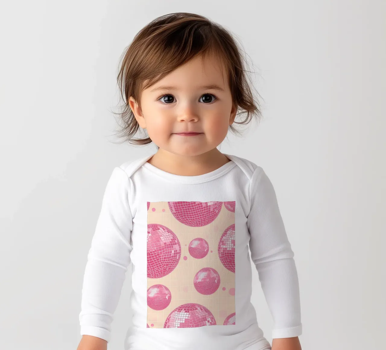 Pink Disco Ball Pattern - Retro Aesthetic Art Print long-sleeve baby romper by homdeco