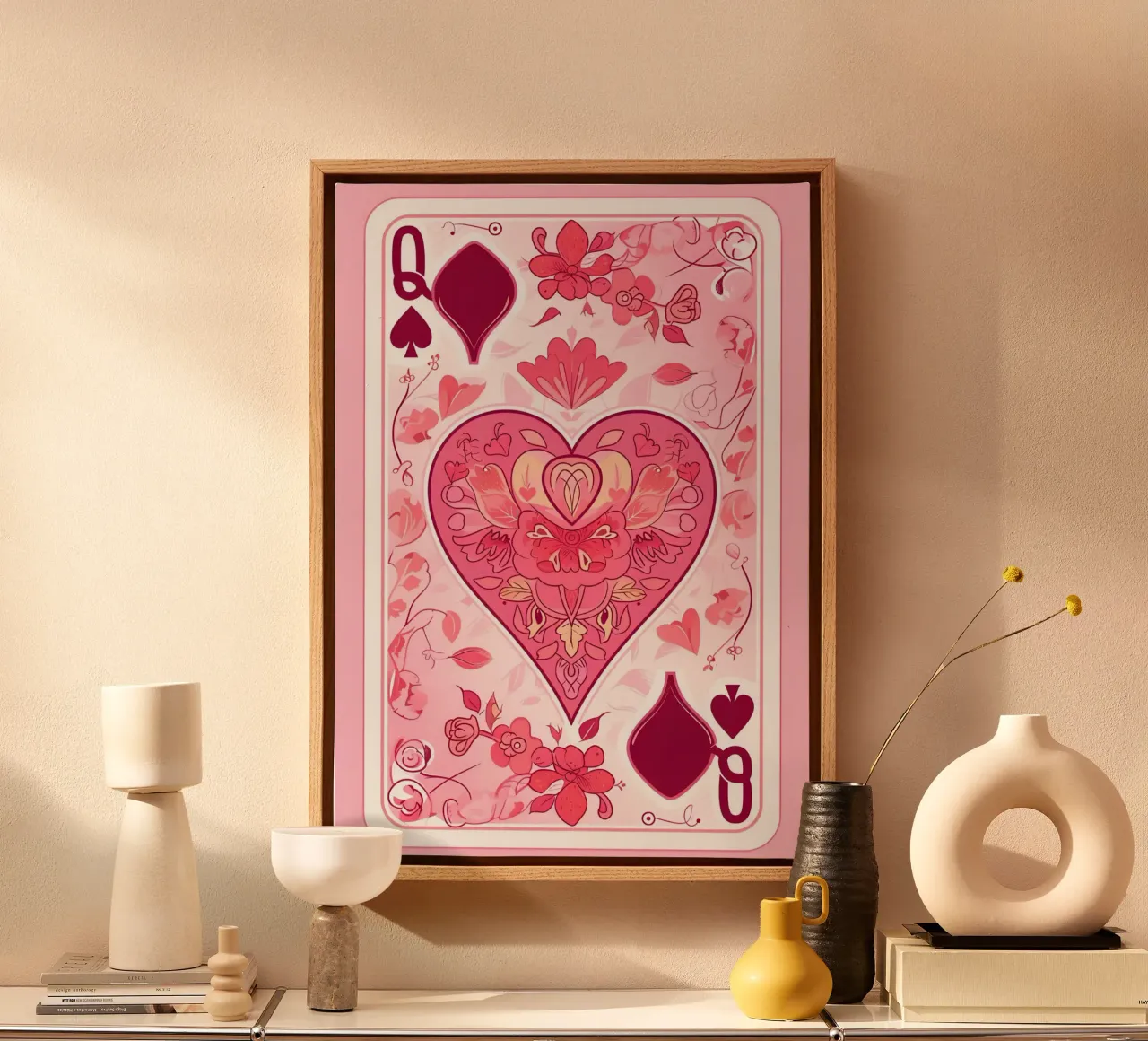 Harten Koningin Speelkaart - Roze Bloemsierkunst canvas met Baklijst van homdeco