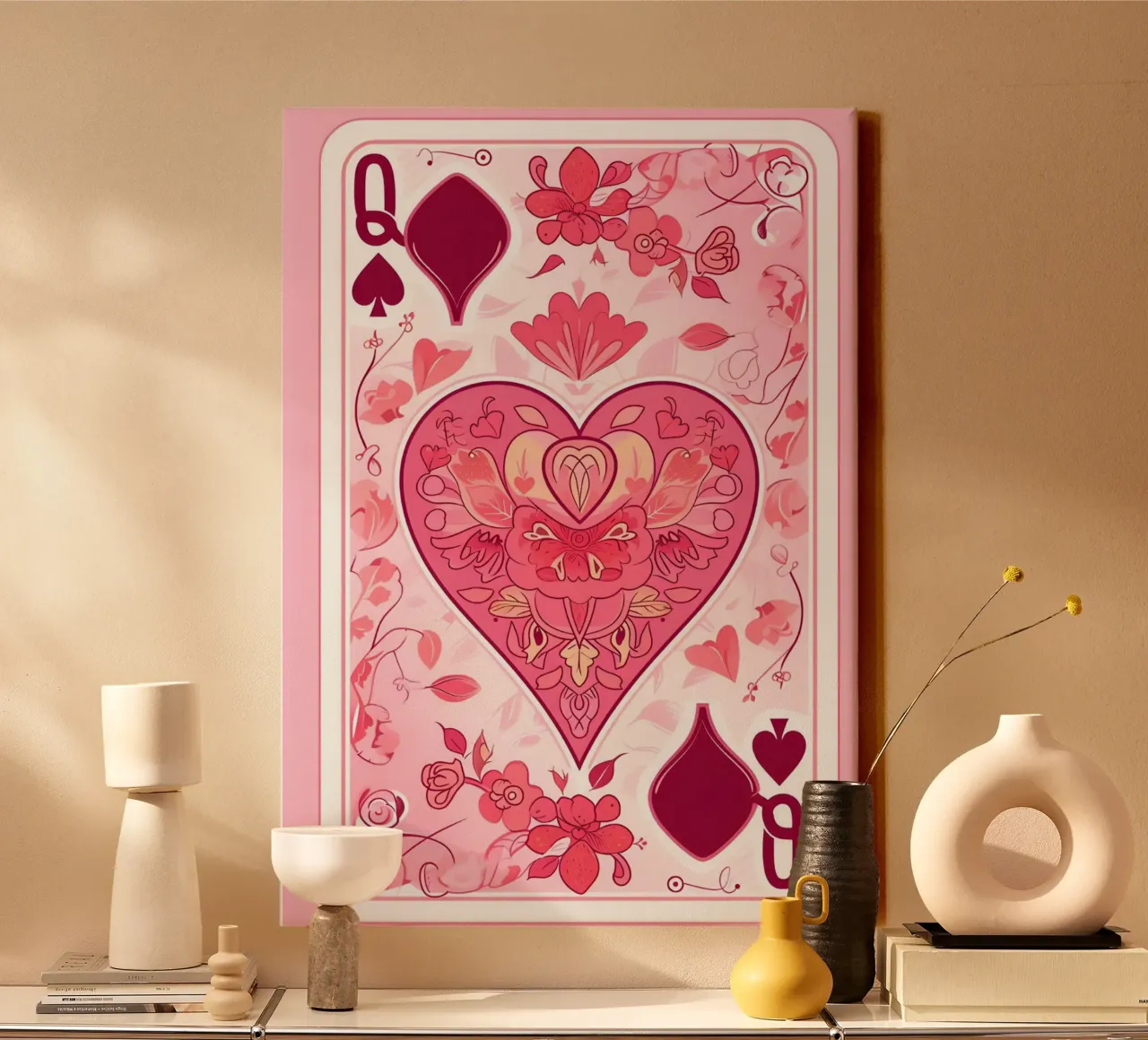 Harten Koningin Speelkaart - Roze Bloemsierkunst canvas met Baklijst van homdeco