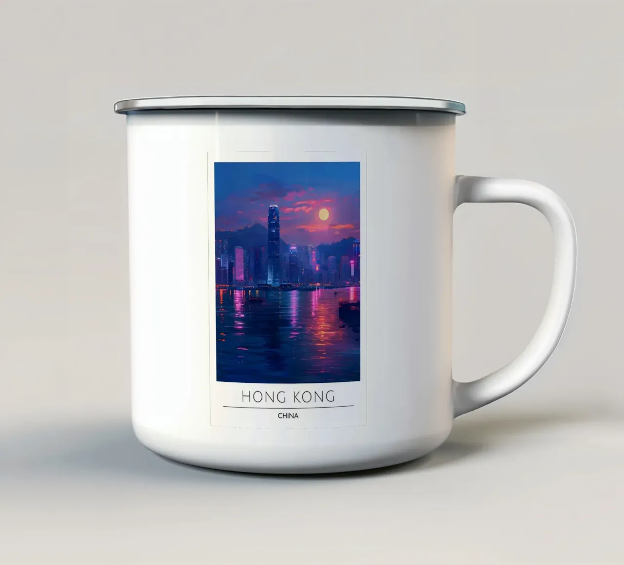 Poster Synthwave al neon del porto di Hong Kong con bagliore notturno tazza in smalto da homdeco