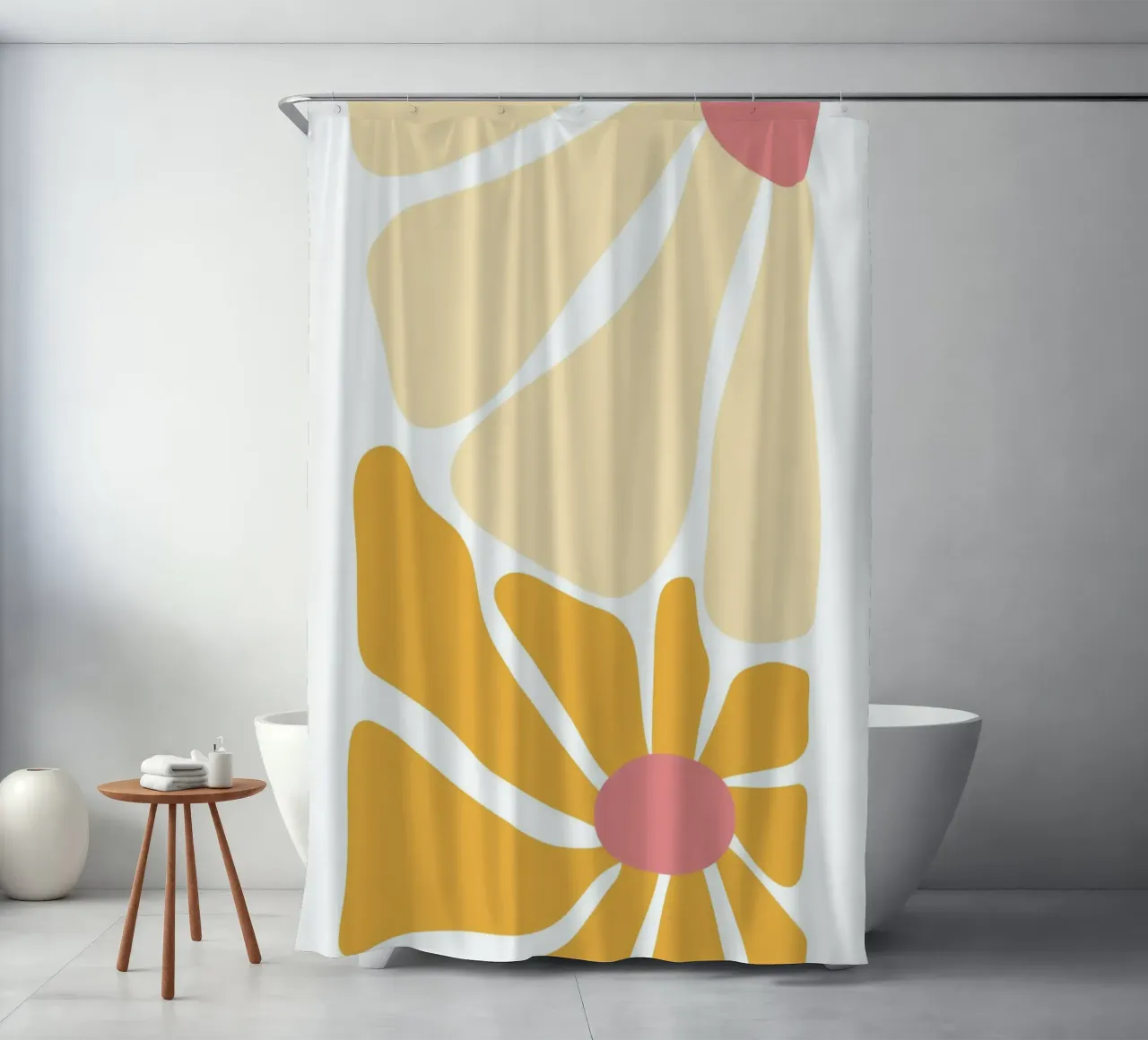 Abstraktes Boho-Gänseblümchen - Pfirsich & Senf Blumenkunst Duschvorhang von homdeco