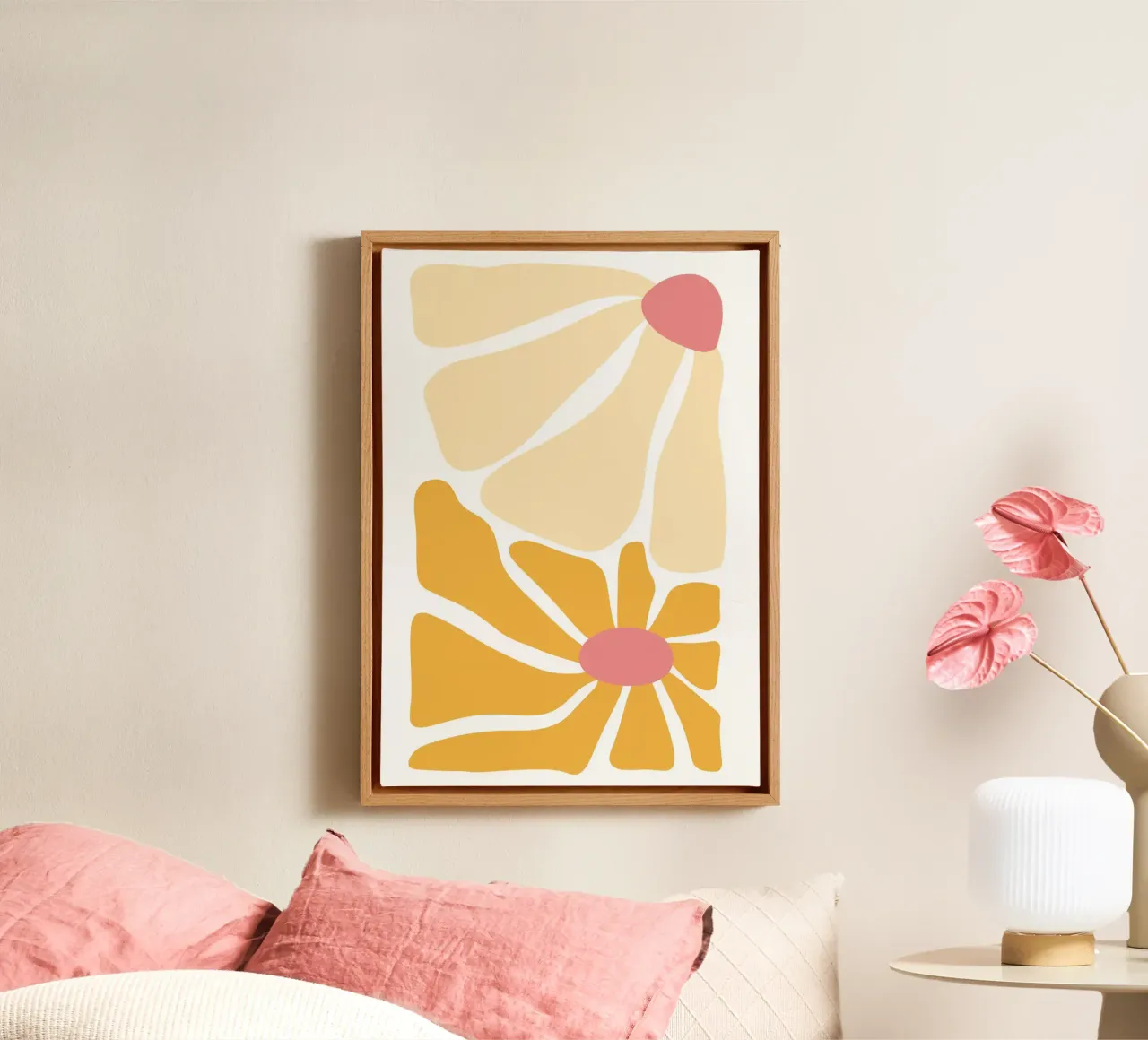 Abstract Boho Madeliefje - Perzik & Mosterd Bloemsierkunst canvas met Baklijst van homdeco