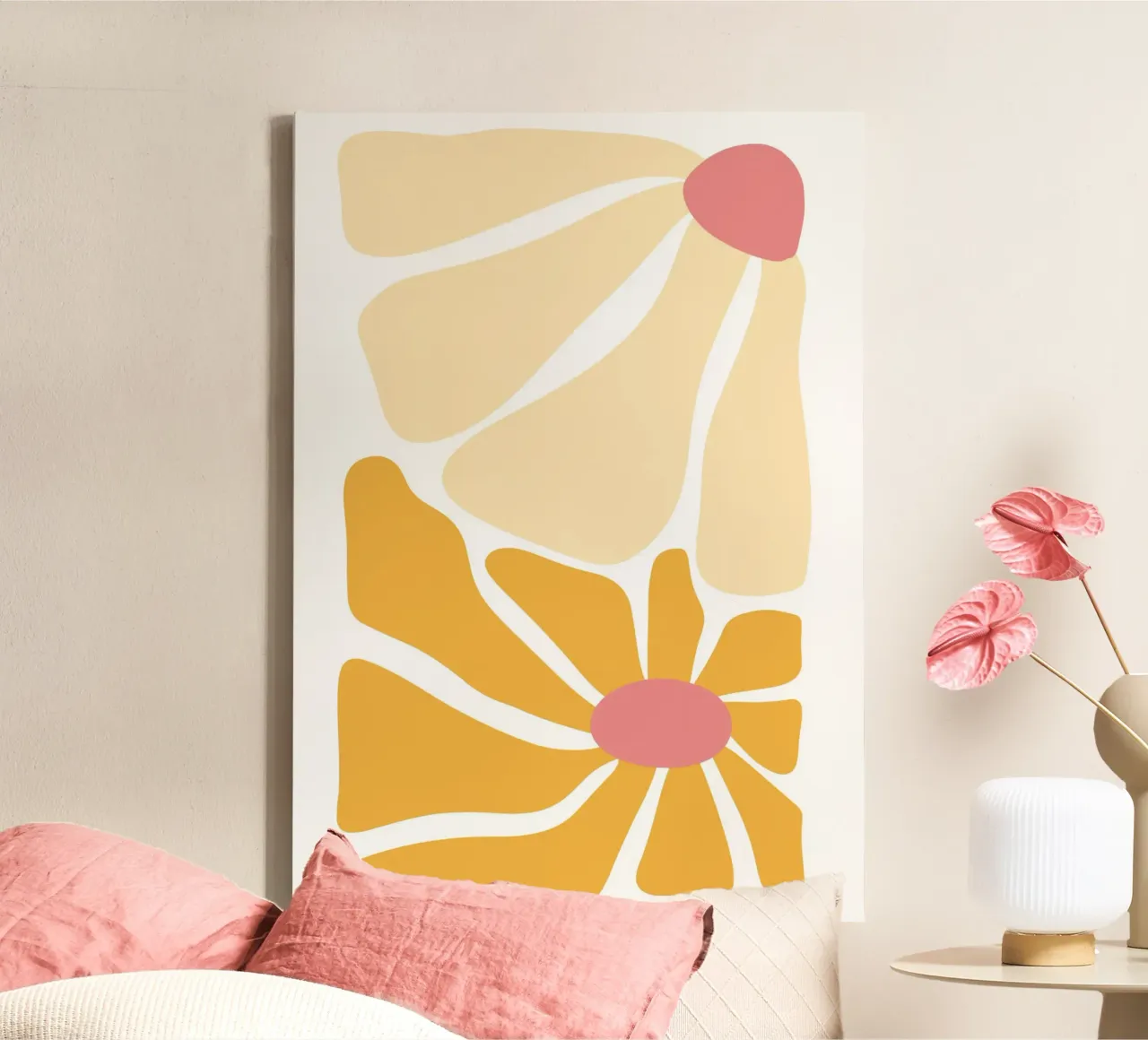Abstract Boho Madeliefje - Perzik & Mosterd Bloemsierkunst canvas met Baklijst van homdeco