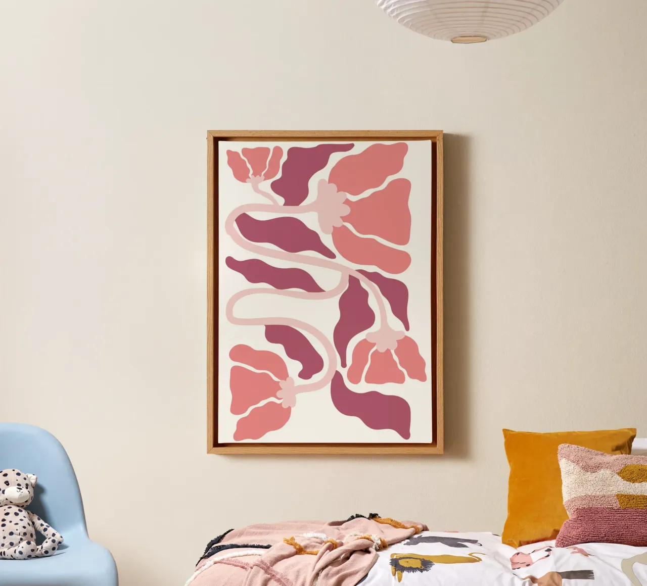 Abstrakte Mohn-Ranken - Moderne rosa Botanische Kunst Leinwand mit Schattenfugenrahmen von homdeco