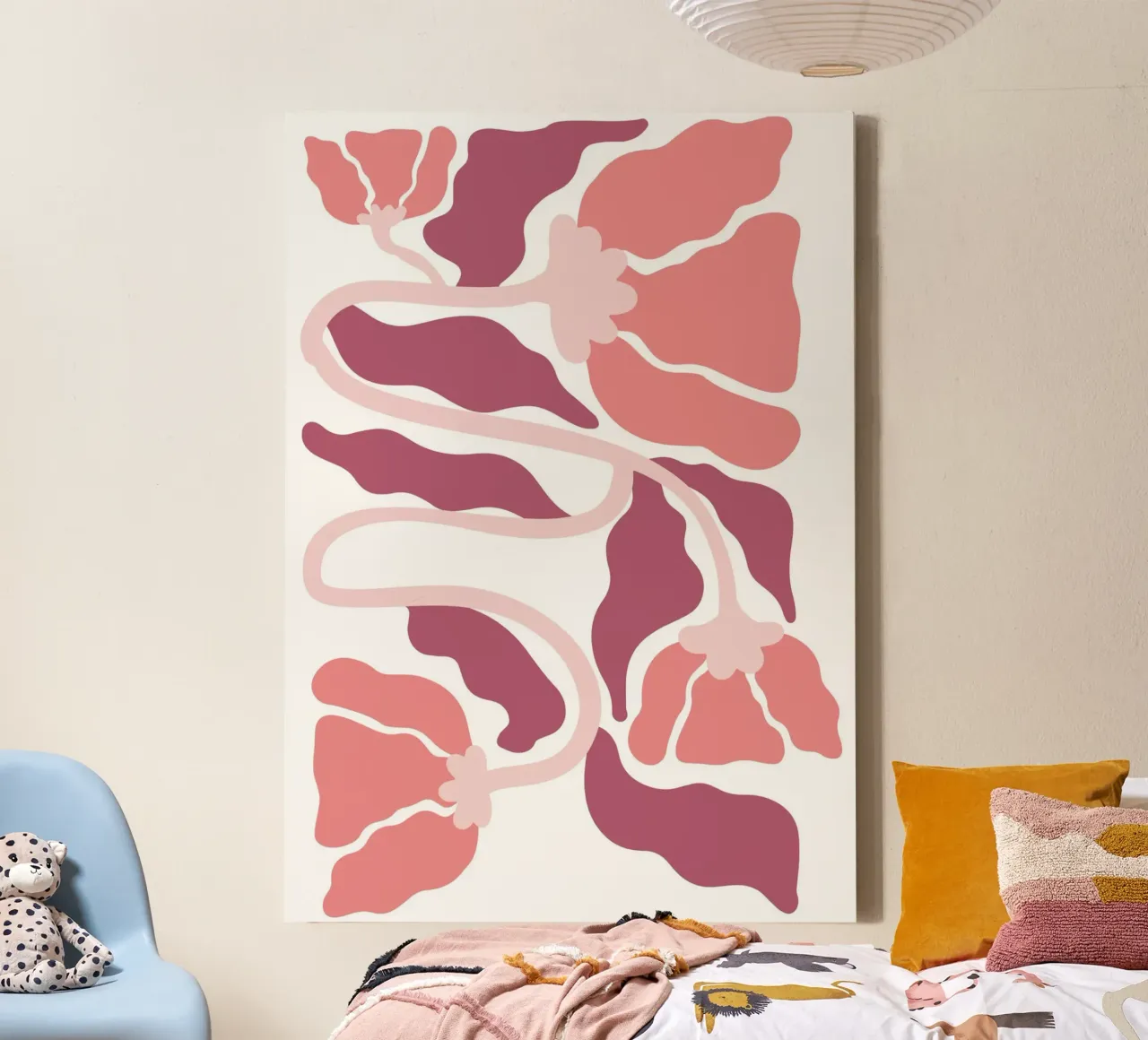 Abstrakte Mohn-Ranken - Moderne rosa Botanische Kunst Leinwand mit Schattenfugenrahmen von homdeco