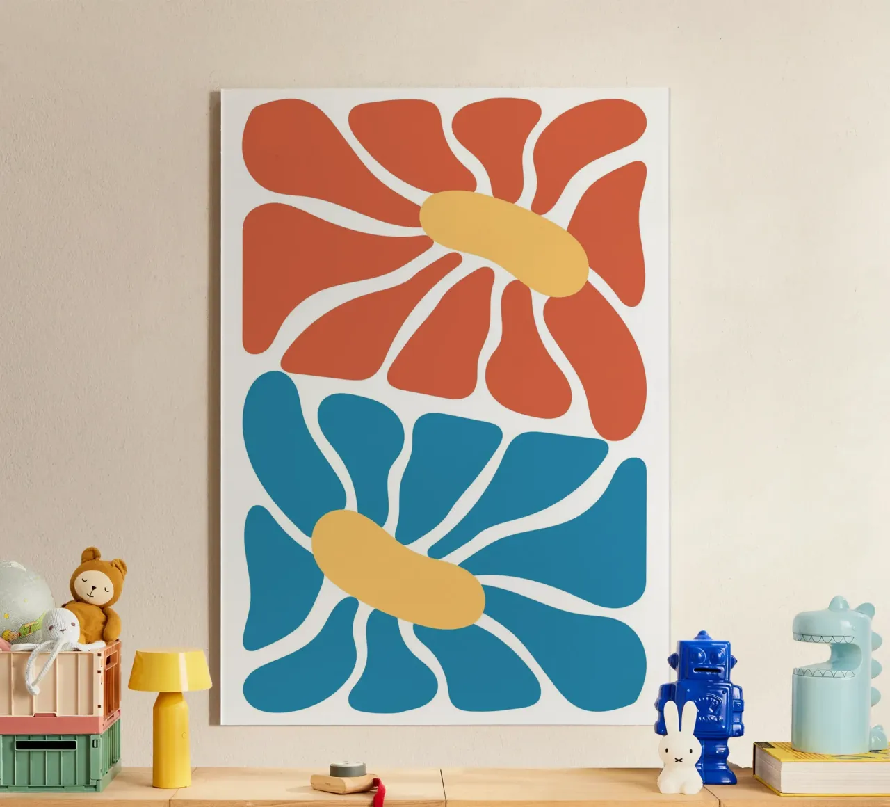 Floreale moderno di metà secolo - astratto arancione e blu plexiglass da homdeco