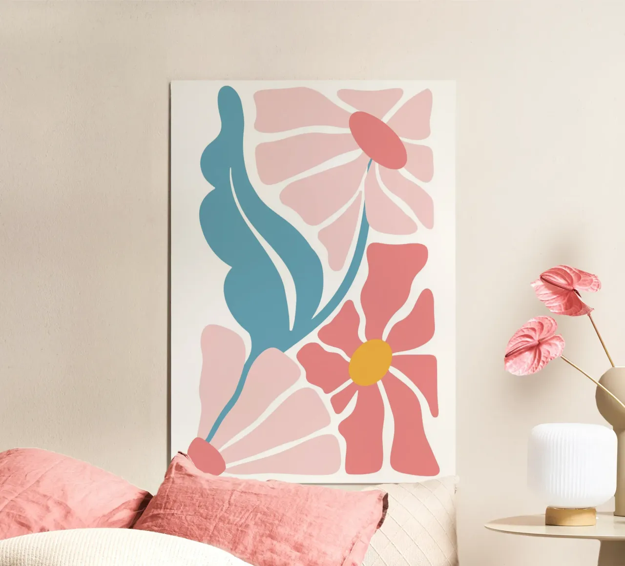Fiore floreale pastello Boho - Rosa astratto e blu poster con telaio in alluminio da homdeco