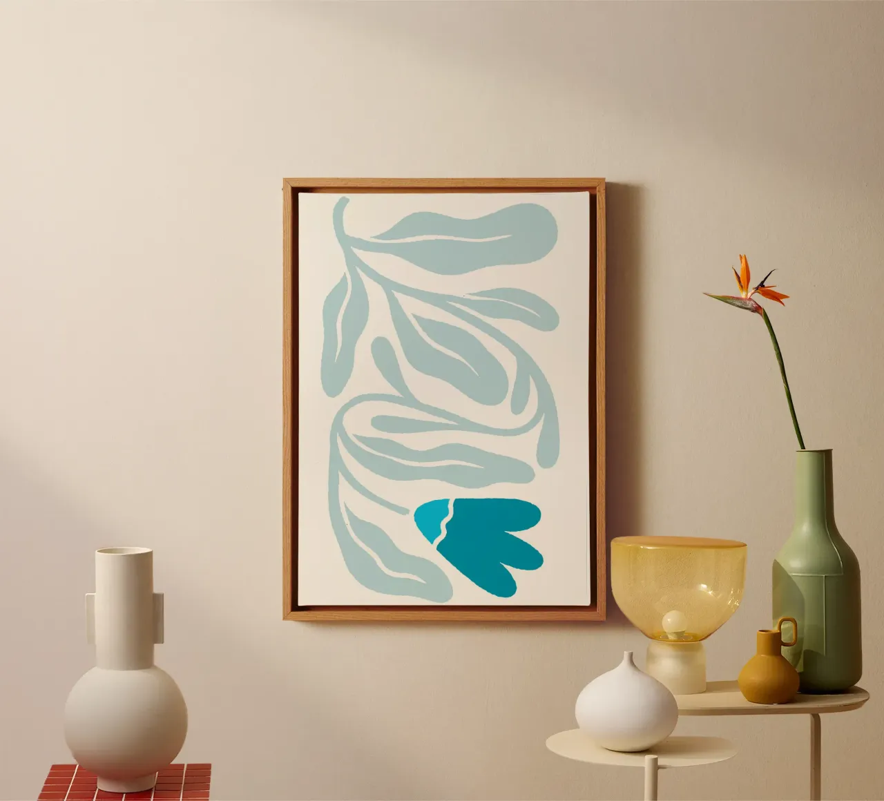 Abstract sereen blauw bloemig - minimalistisch botanisch canvas met Baklijst van homdeco