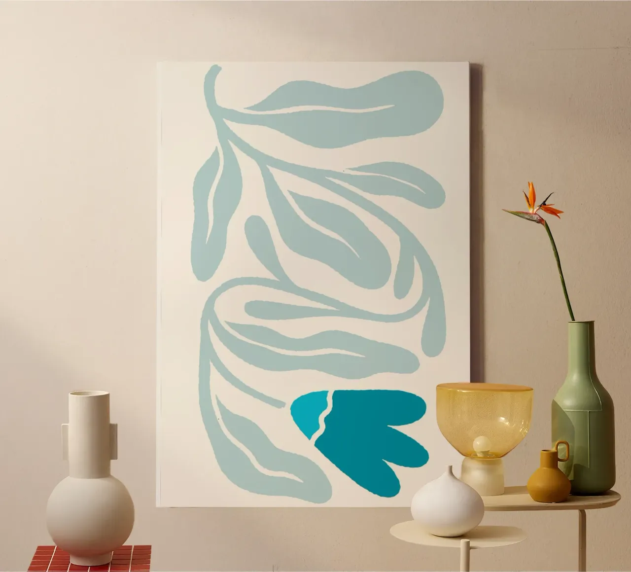 Abstract sereen blauw bloemig - minimalistisch botanisch canvas met Baklijst van homdeco