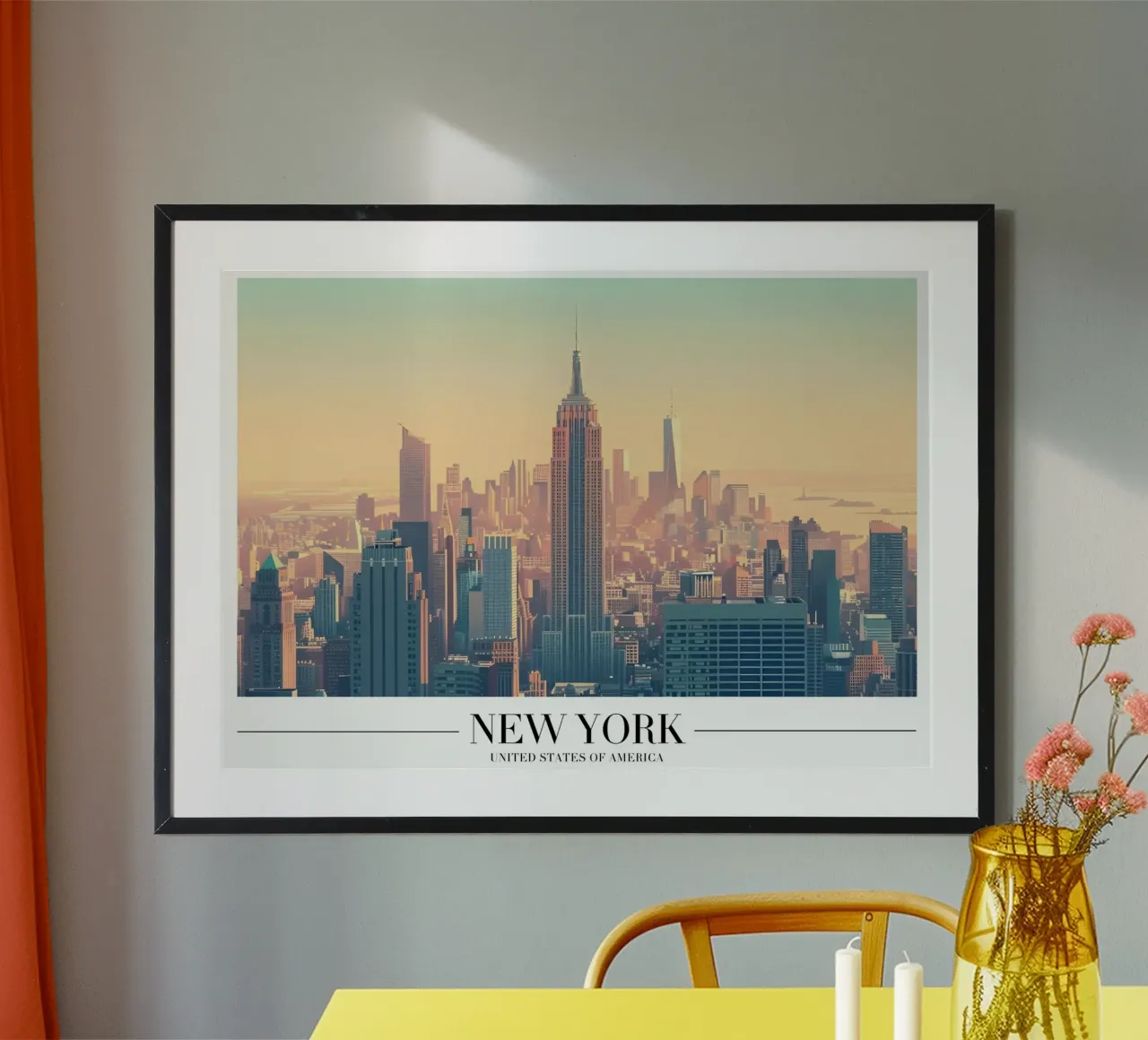 Skyline di New York al tramonto - Empire State Building poster con telaio in alluminio da homdeco