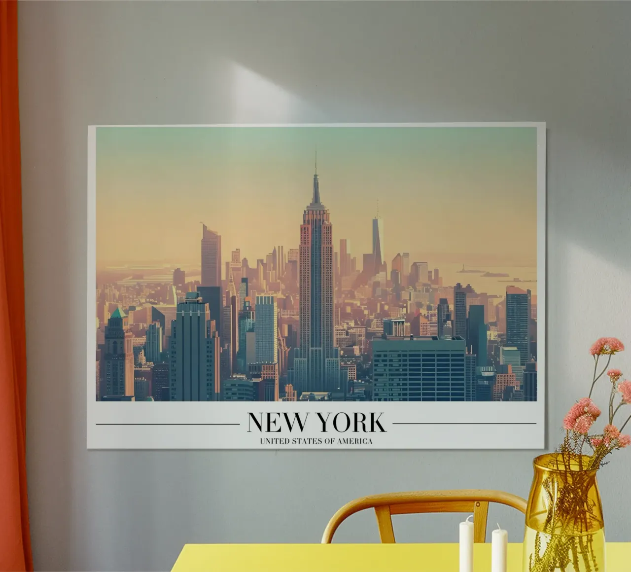 Skyline di New York al tramonto - Empire State Building poster con telaio in alluminio da homdeco