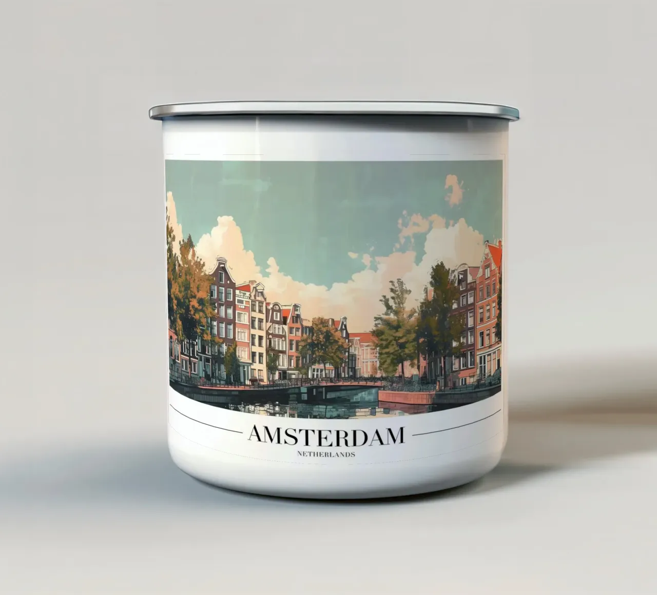 Amsterdam Grachtenpanden - Nederland Reisposter emaille mok van homdeco