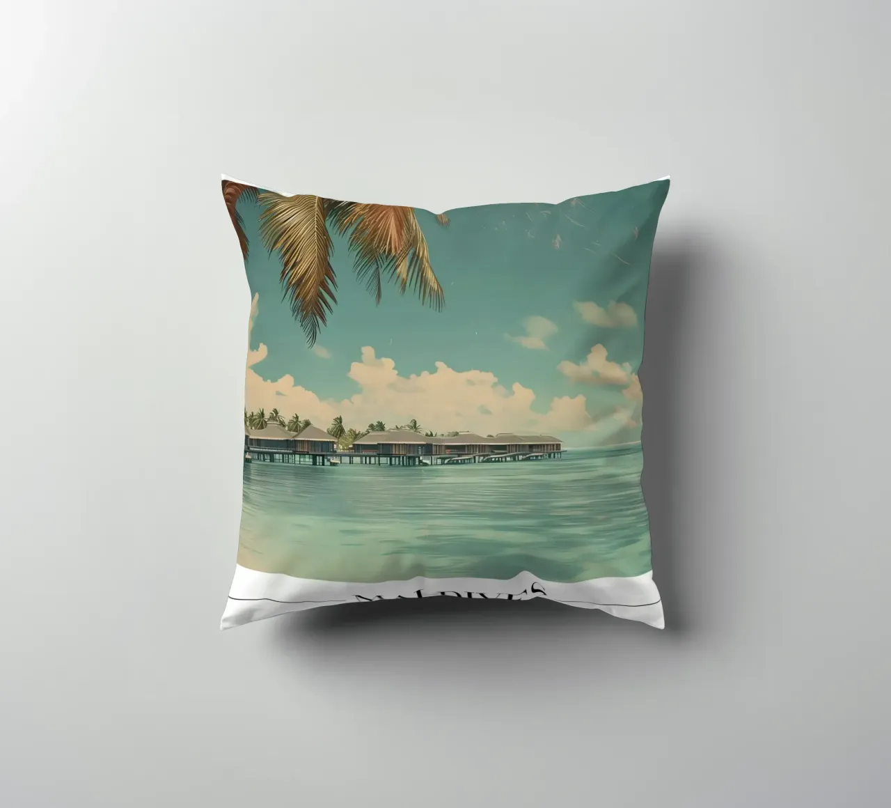 Maldives Overwater Bungalows - Tropical Paradise Art decorative cushion by homdeco